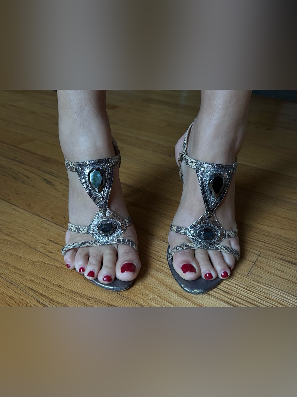 Charles Jourdan Silver Snake-Print Jewel T-Strap Sandals